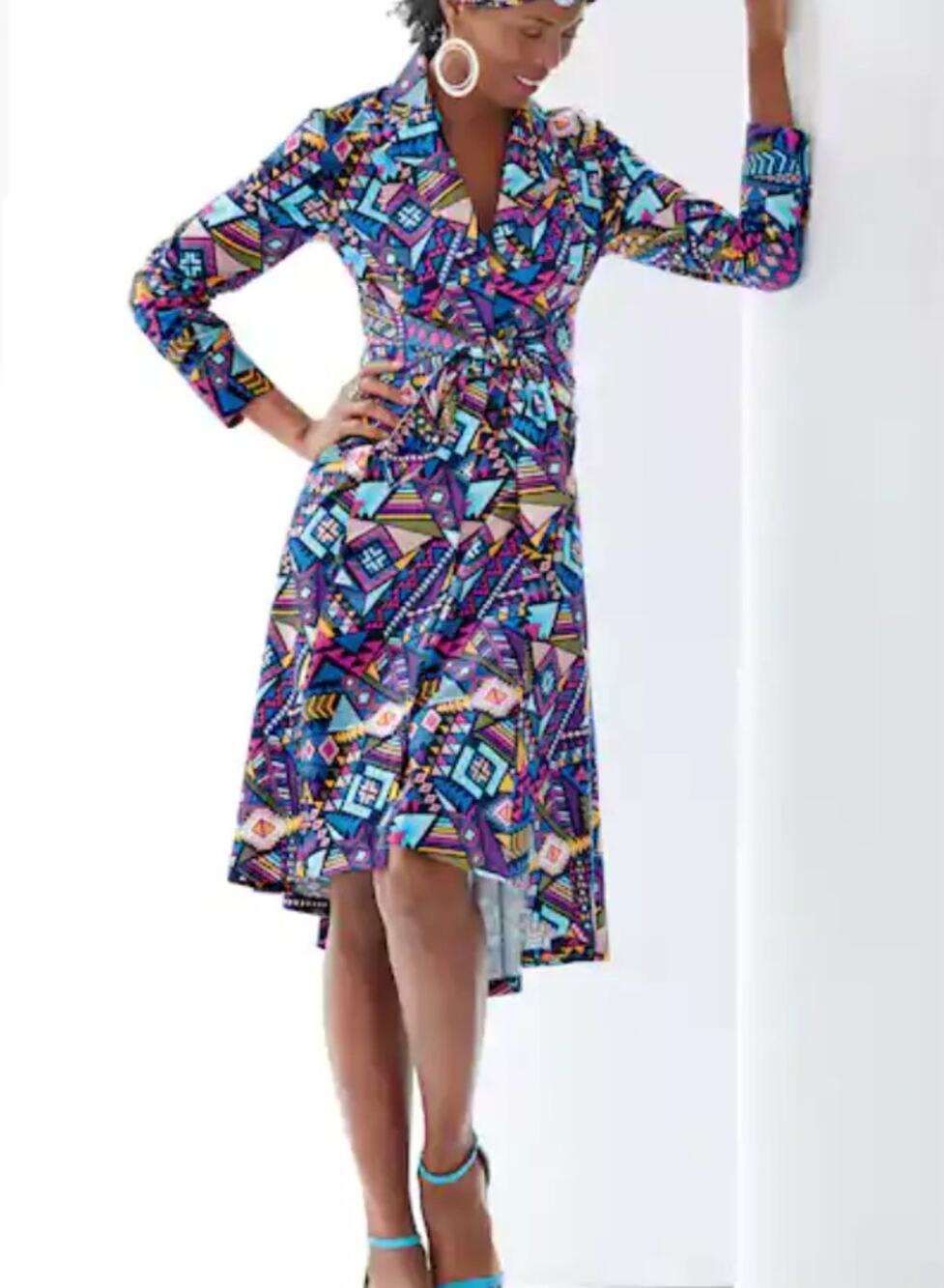 Ashro Neesha High Low Abstract Print Long Sleeve Tie Front Dress Size M Medium